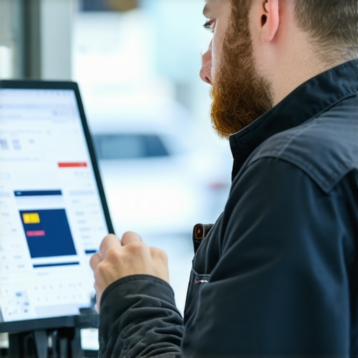 Technician using digital tools for car diagnostics