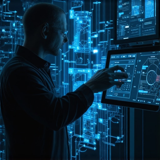 Technician using a sophisticated diagnostic system to analyze sensor data for vehicle health