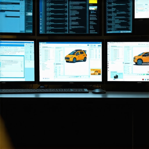 Modern automotive diagnostic station with digital screens showing complex transmission data