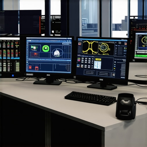 Technicians using a high-tech diagnostic station with multiple digital displays