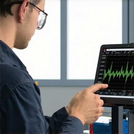 Technician examining electrical signals on oscilloscope with transmission components in background.
