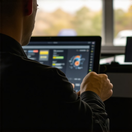 Technician using high-tech diagnostic equipment to analyze modern vehicle systems.