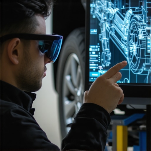 Technician with AR glasses diagnosing vehicle transmission