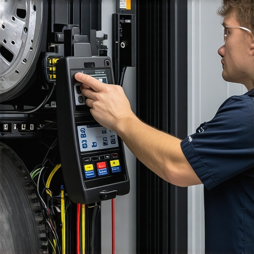 Technician performing calibration on vehicle brake sensors with diagnostic equipment.