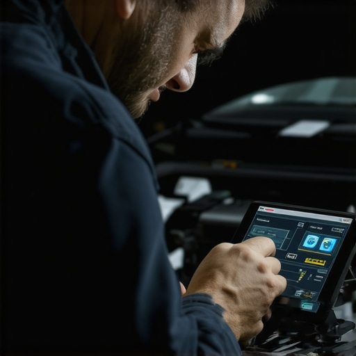 Technician calibrating AI sensors in a modern vehicle using specialized diagnostic equipment.