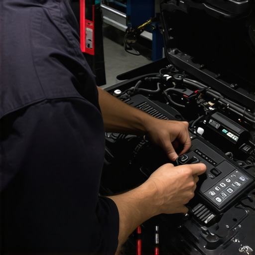 Technician performing precision transmission calibration with advanced diagnostic tools.