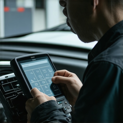 Technician operating digital diagnostic equipment connected to a modern vehicle's onboard computer.