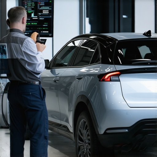 Technician analyzing vehicle diagnostics with advanced tools on a hybrid car