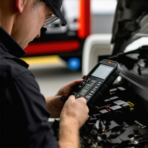 Technician performing detailed diagnostics on vehicle transmission with high-tech equipment