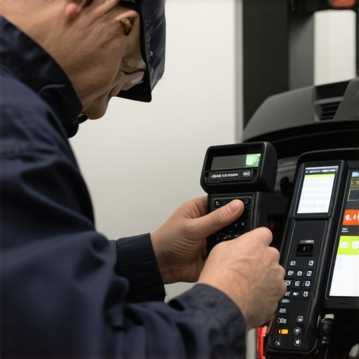 Technician calibrating vehicle sensors with advanced diagnostic equipment.