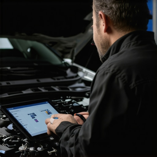 Technician calibrating hybrid transmission ECU with specialized tools