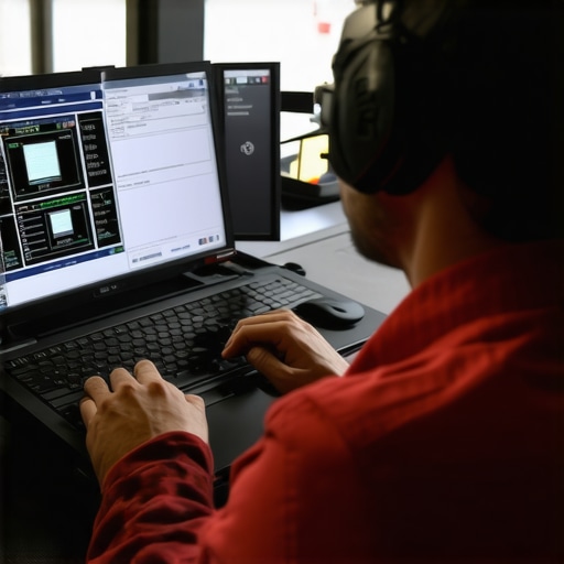 Technician working with a high-tech vehicle diagnostic scanner showing ECU data analysis.