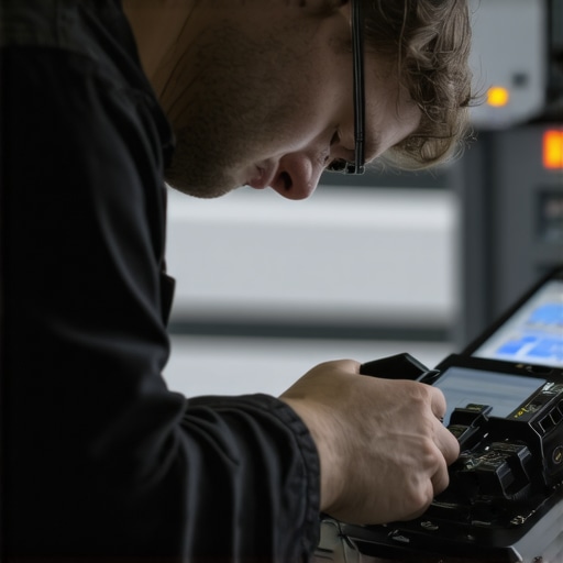 Technician tuning hybrid transmission controls with advanced diagnostic tools.