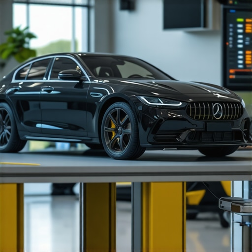 Automotive technician using advanced diagnostic tools on an AI-driven transmission system