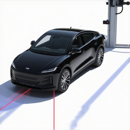 Technician performing laser-based calibration on a 2026 hybrid vehicle's sensors in a workshop