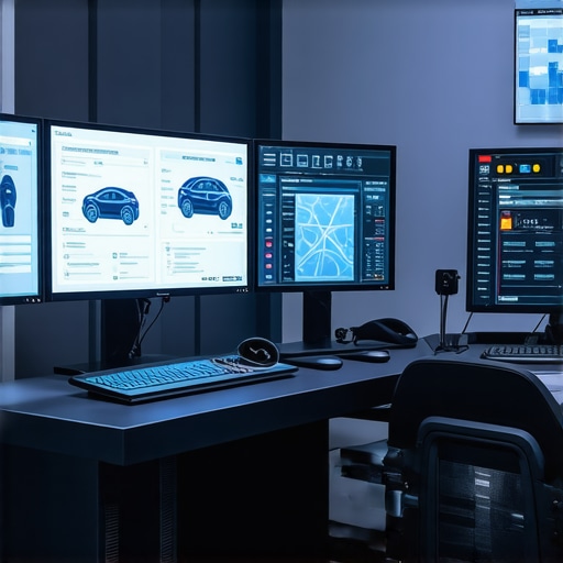 Futuristic vehicle diagnostic setup showcasing multi-sensor data fusion screens.