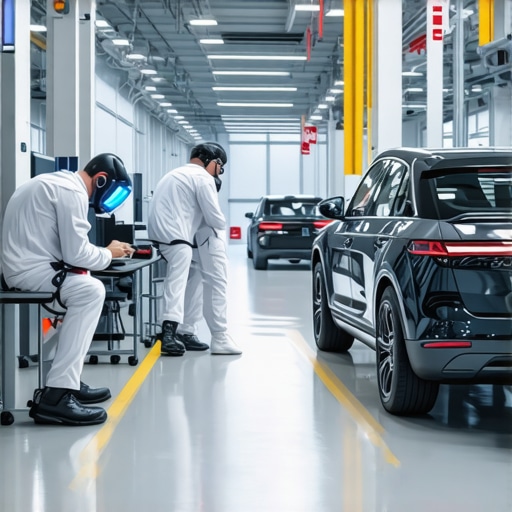 Technicians operating AI-powered diagnostic equipment in a modern auto repair facility