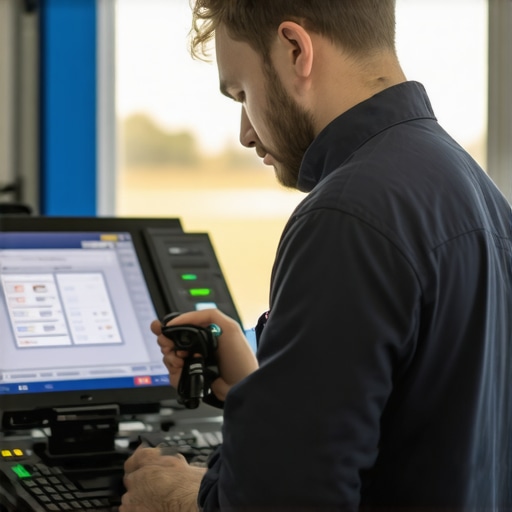 Technician using digital diagnostic equipment on vehicle transmission sensors
