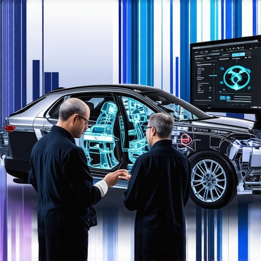 Technicians performing hybrid transmission diagnostics using high-tech equipment