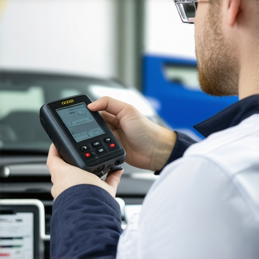 Technician analyzing vehicle diagnostics data with a scanner