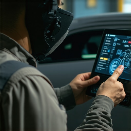 Technician wearing AR glasses diagnosing a vehicle with holographic interfaces