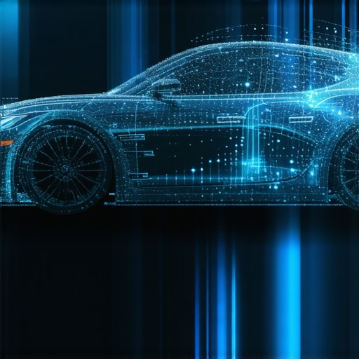Futuristic technician analyzing holographic transmission data in a high-tech workshop.