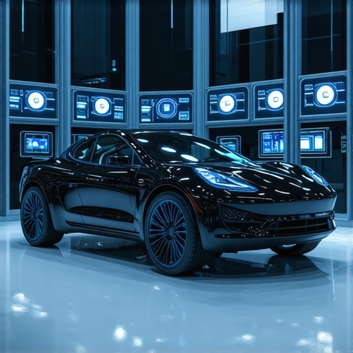 High-tech vehicle diagnostic lab with digital dashboards and sensor arrays