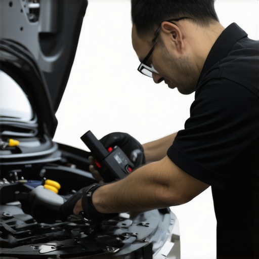 Technician calibrating vehicle sensors using professional diagnostic equipment in a modern auto repair shop.