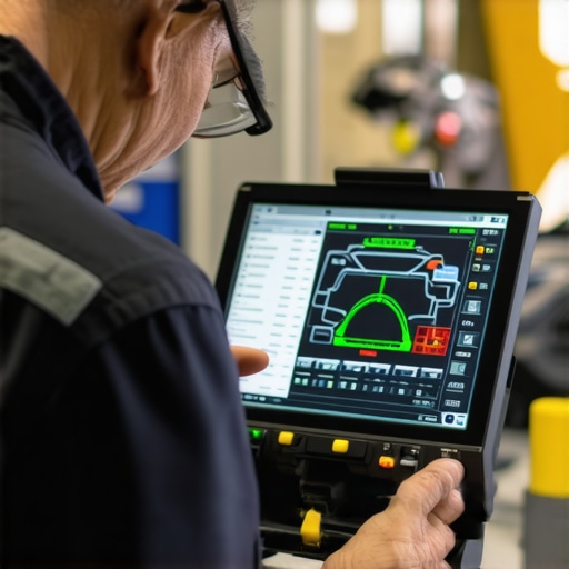 Automotive technician analyzing vehicle data on a digital screen during maintenance.