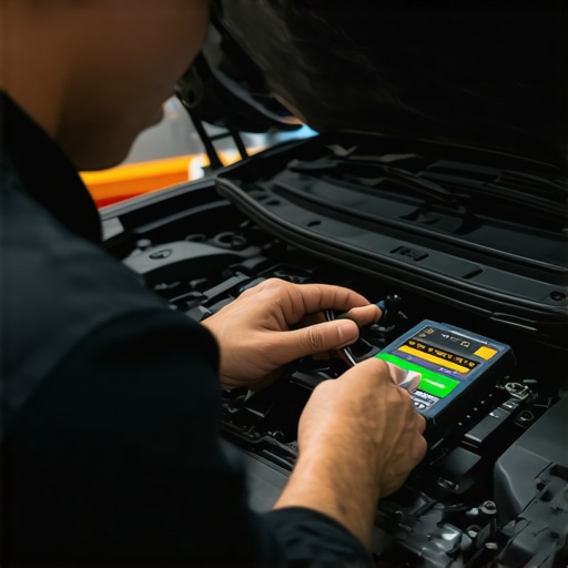 Technician performing firmware calibration on a vehicle's transmission control system in a professional auto repair shop.
