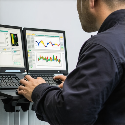 Technician reviewing complex transmission data and sensor outputs on diagnostic tools