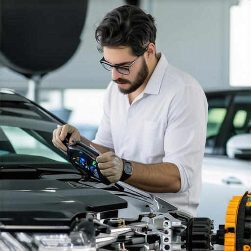 Technician calibrating transmission sensors on a hybrid vehicle with advanced diagnostic tools.