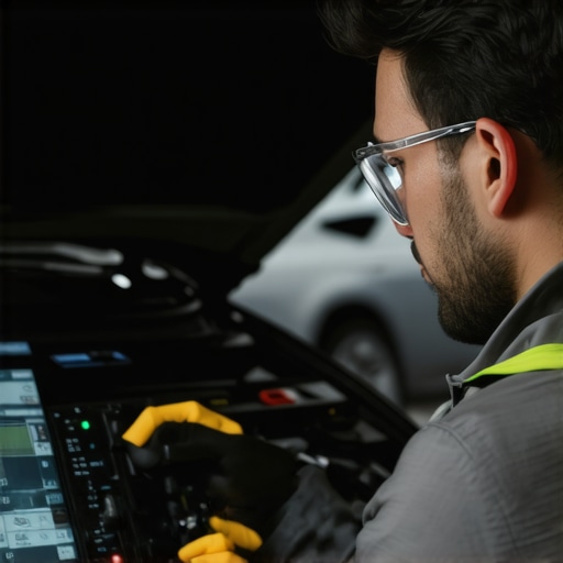 Technician performing advanced calibration on vehicle transmission sensors with diagnostic equipment
