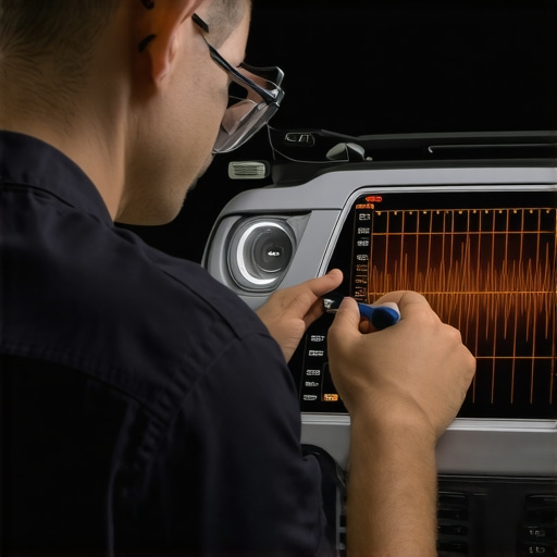 Technician analyzing transmission vibrations with spectrum analyzer