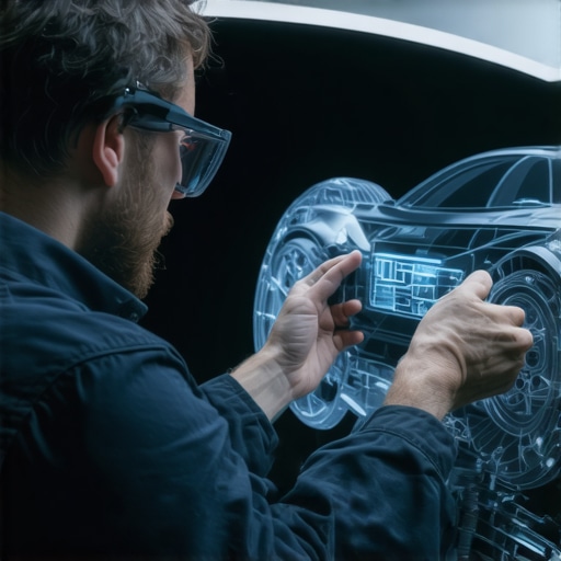 AR-Assisted Transmission Diagnostics Technician with AR glasses working on a hybrid transmission in a modern garage