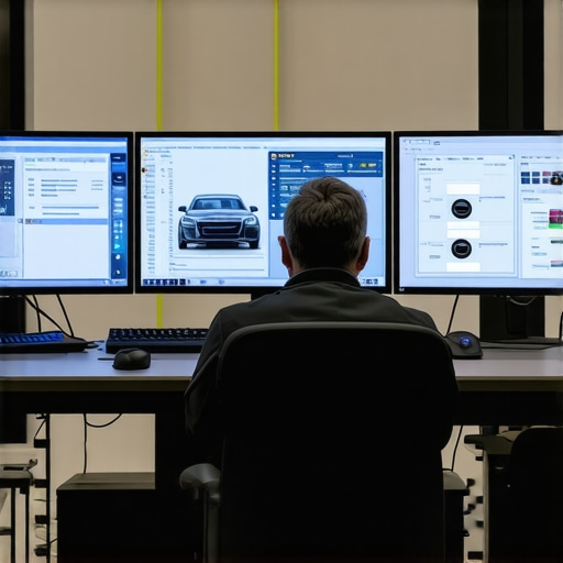Professional technician analyzing vehicle network data on diagnostic tools.