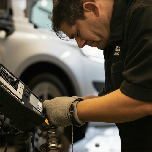 Technician conducting pressure decay test on car's brake hydraulic system with specialized tools