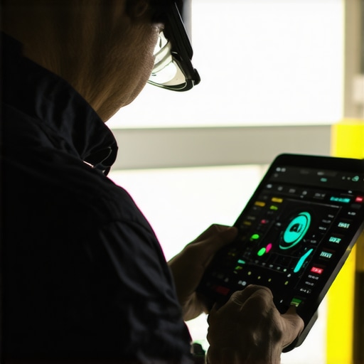 Technician analyzing transmission system data with a diagnostic device.