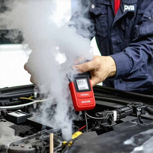 Mechanic performing smoke test to identify vacuum leaks in vehicle engine