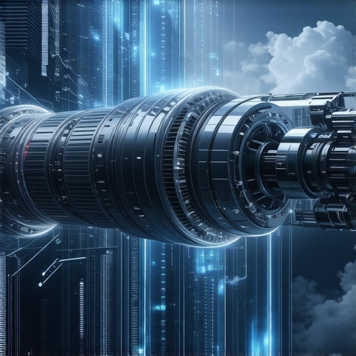Illustration of high-tech transmission components with nanomaterials, data streams, and cloud computing symbols.