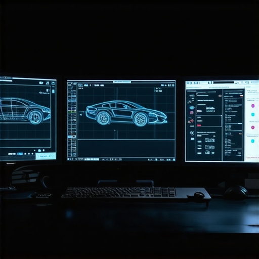 Advanced Vehicle Diagnostic Interface A technician viewing multiple screens with transmission diagnostics data