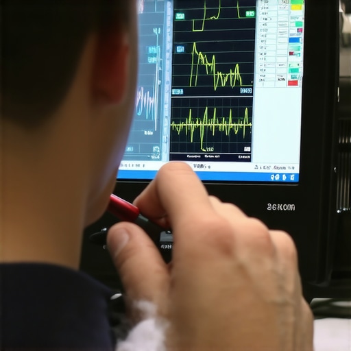 Technician analyzing electrical waveforms on an oscilloscope with automotive wiring in background.