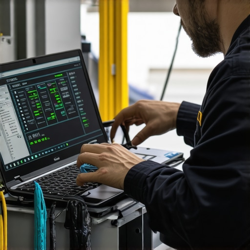 Automotive technician using diagnostic tools to analyze engine sensor data on a computer.