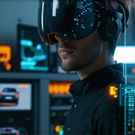 Futuristic Diagnostic Interface with Multi-Sensor Data Visualization A technician wearing AR glasses viewing vehicle sensor data overlays
