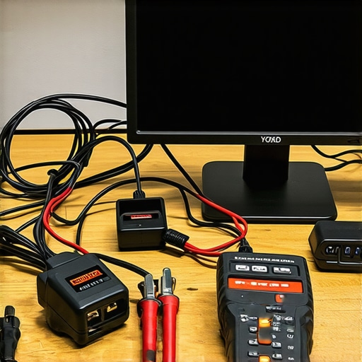 Technician using diagnostic tools with jumper wires and live data analysis on a vehicle's ABS system