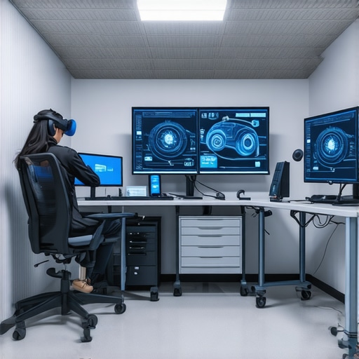 Next-Gen Transmission Diagnostics Setup A modern automotive workshop featuring AI-based diagnostic screens and virtual reality tools