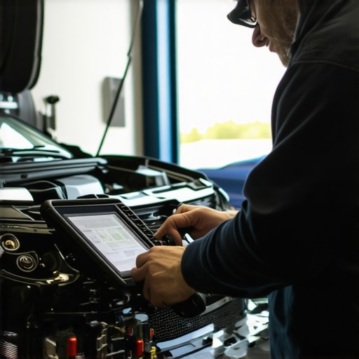 Transmission Firmware Update in Progress Technician updating vehicle transmission firmware using diagnostic equipment.