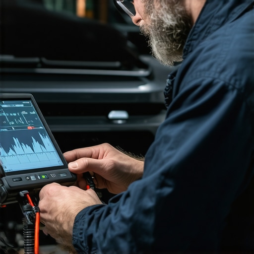 VVT Solenoid Diagnostic Procedure Automotive technician analyzing solenoid signals with oscilloscope in a professional repair shop.