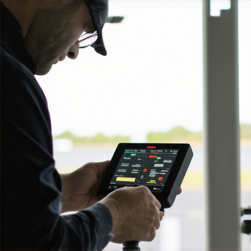 Technician using diagnostic scan tool on car's electronic control unit.