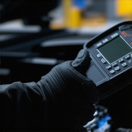 Automotive technician using digital diagnostic equipment on a vehicle transmission